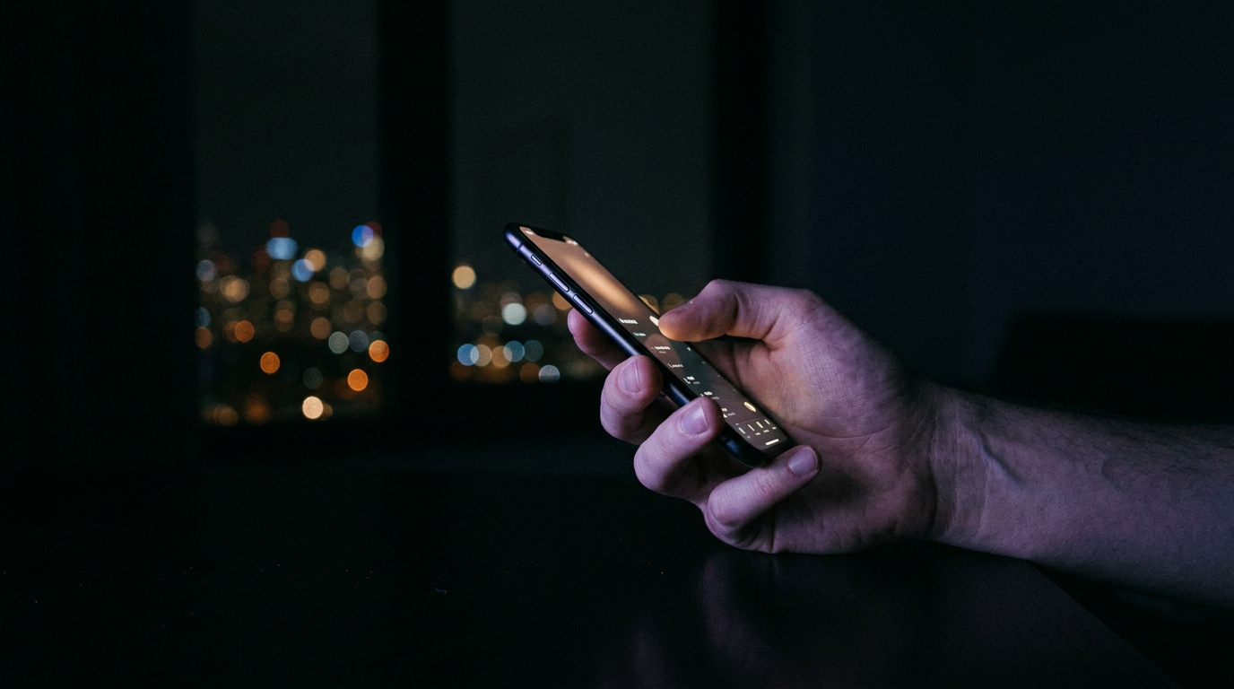 Hand holding a phone at night, with blurred city lights in the background