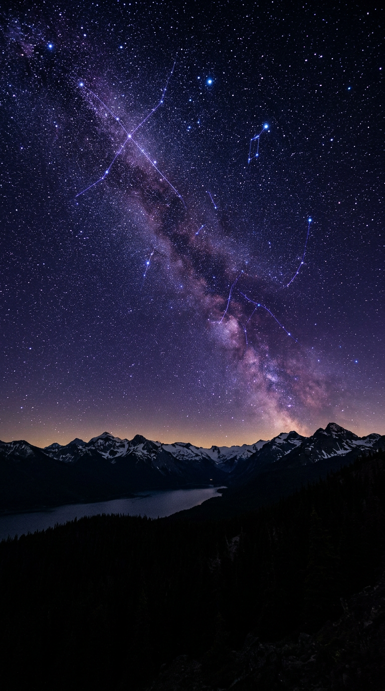 Starry night sky with a constellation of violet lines above mountains and a lake