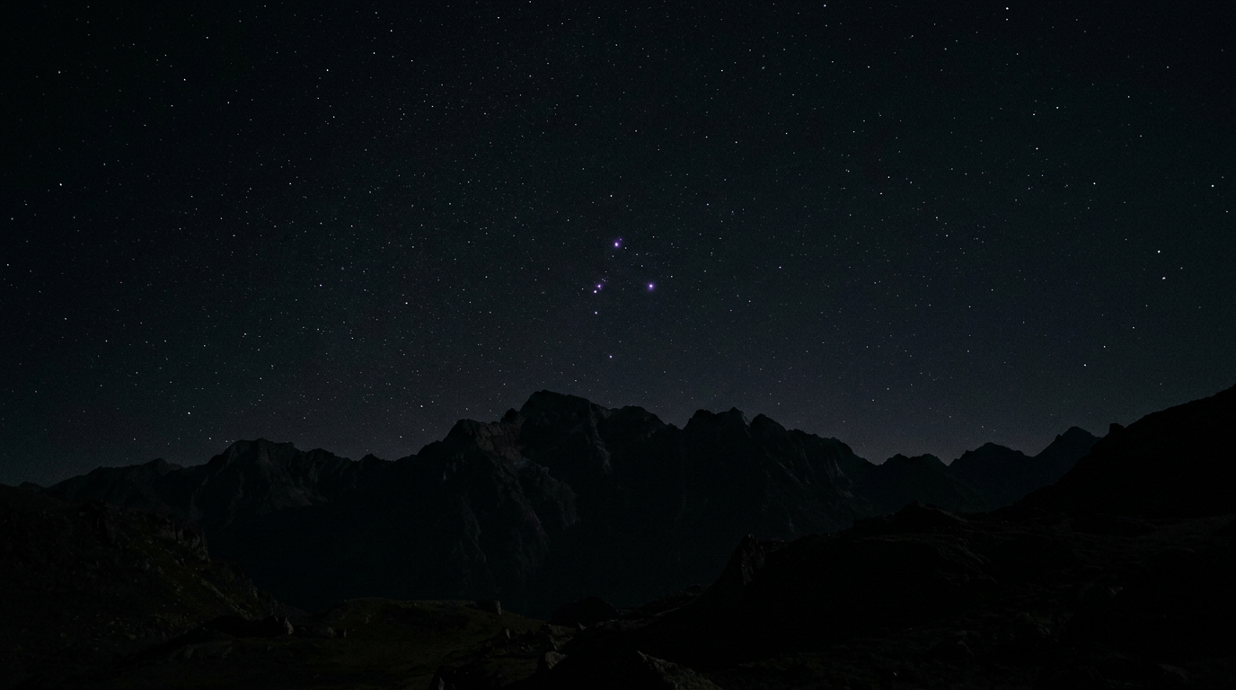 Night sky with a small constellation of three violet stars above mountains